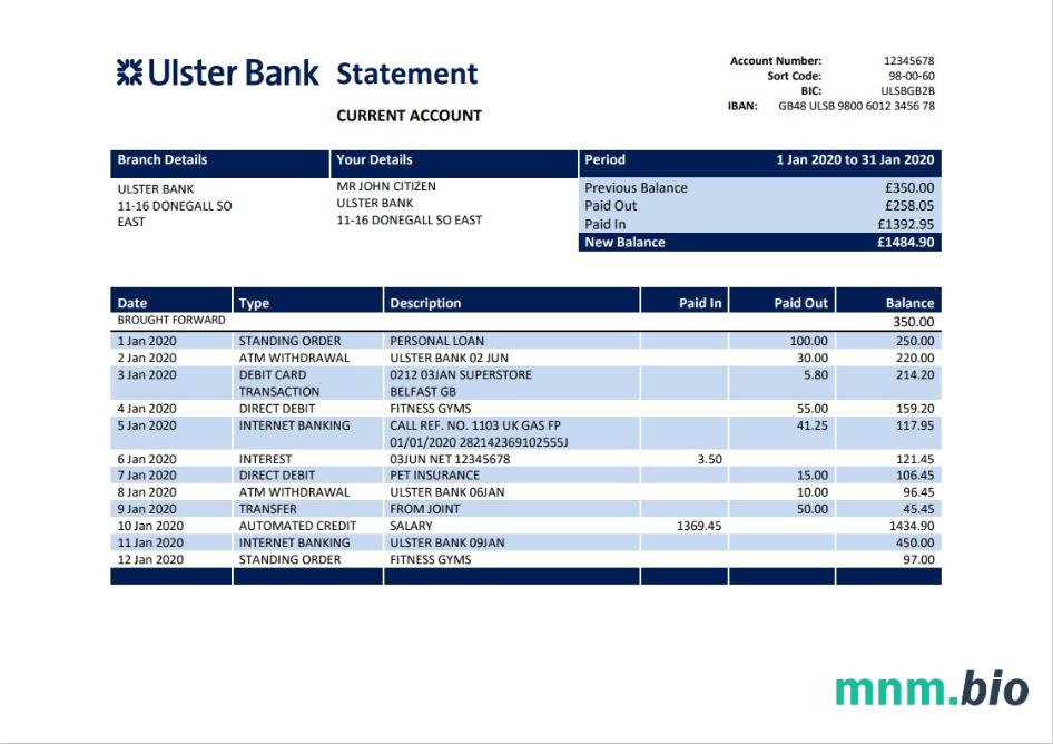 Wyciąg bankowy Ulster z Republiki Irlandii łatwy do wypełnienia szablon w formacie Excel i PDF